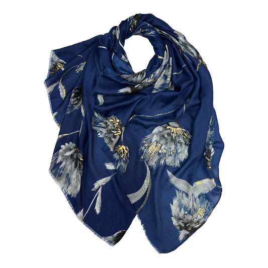Blue scarf with floral patterns on a white background