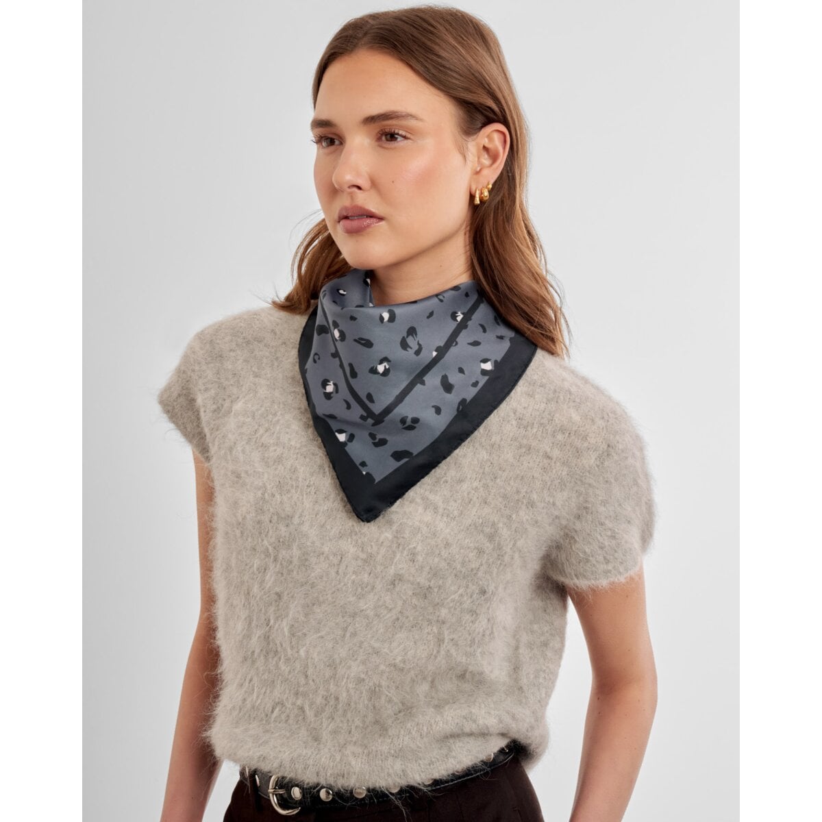 Katie Loxton Satin Multiway Scarf available in Pink & Cherry Check and Navy, Black & Light Blue Leopard Print