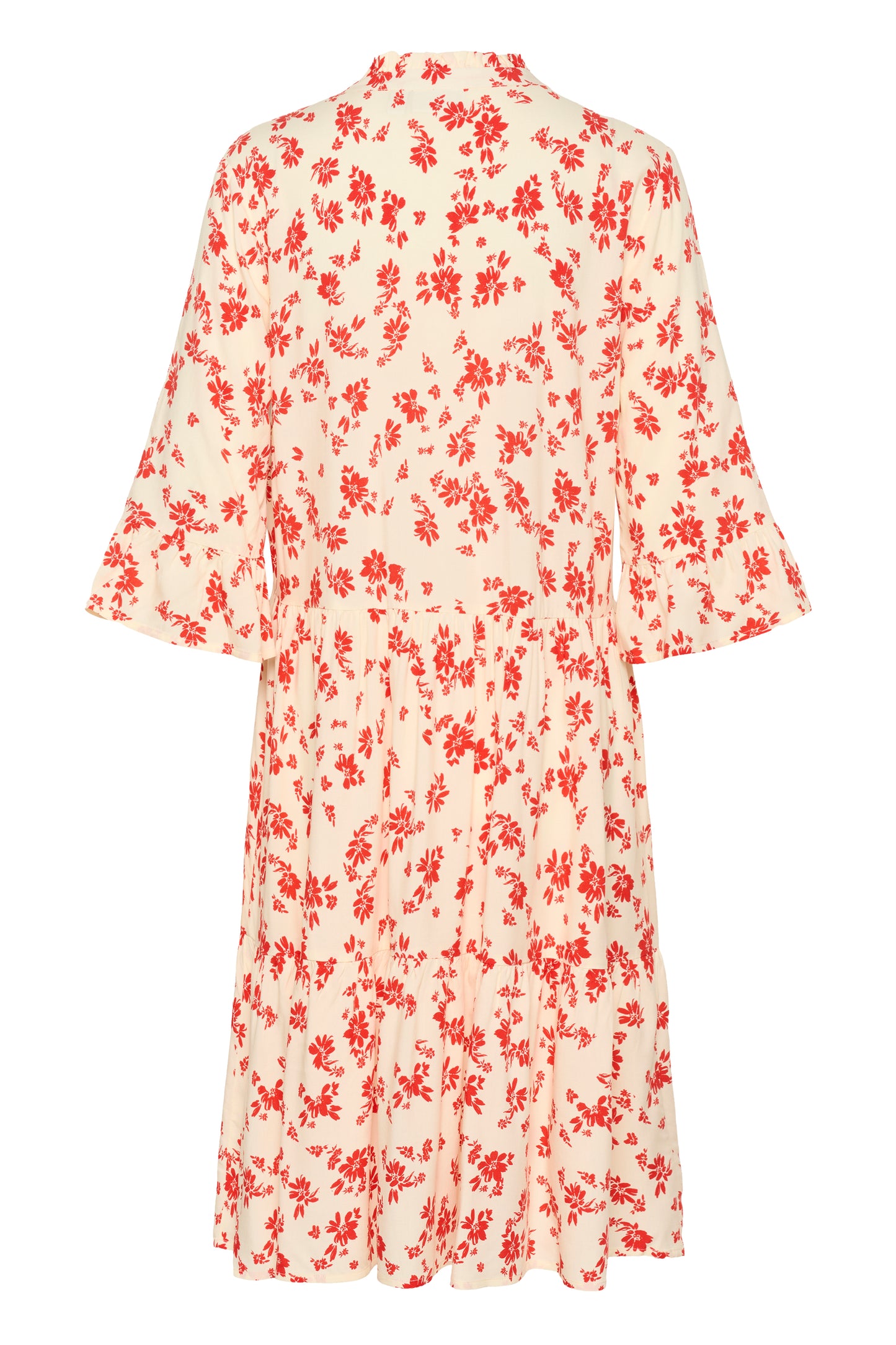 Saint Tropez Eda Dress with 3/4 length sleeves and knee length.  It has organ/red daisy flowers on it