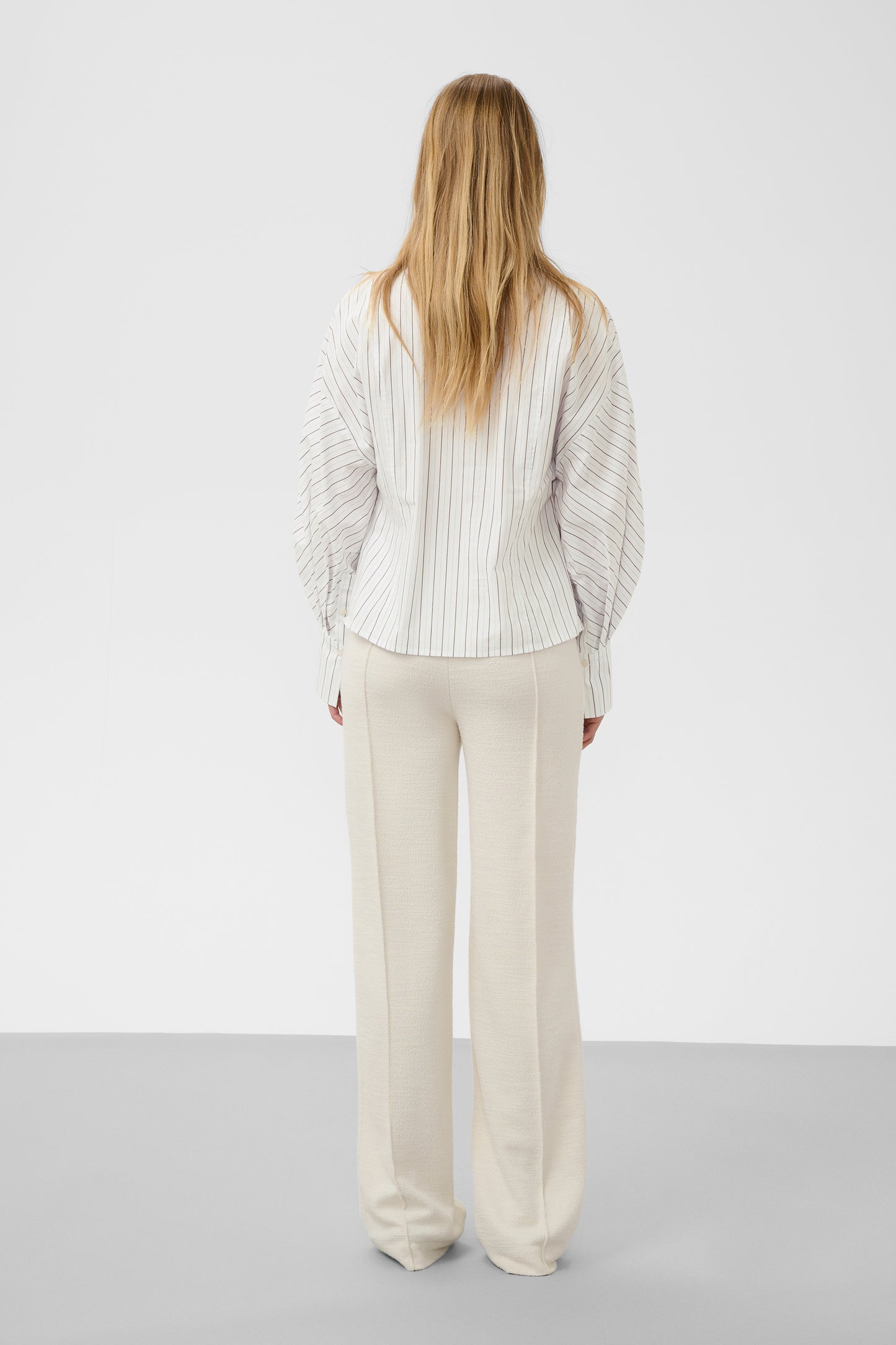 Soaked in Luxury Balloon sleeve white shirt with beige stripe