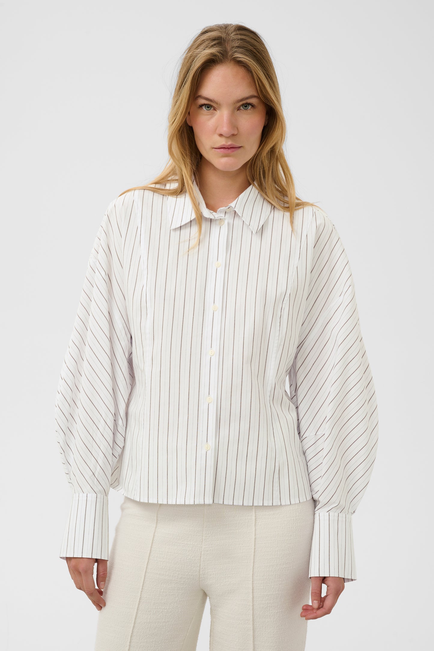 Soaked in Luxury Balloon sleeve white shirt with beige stripe