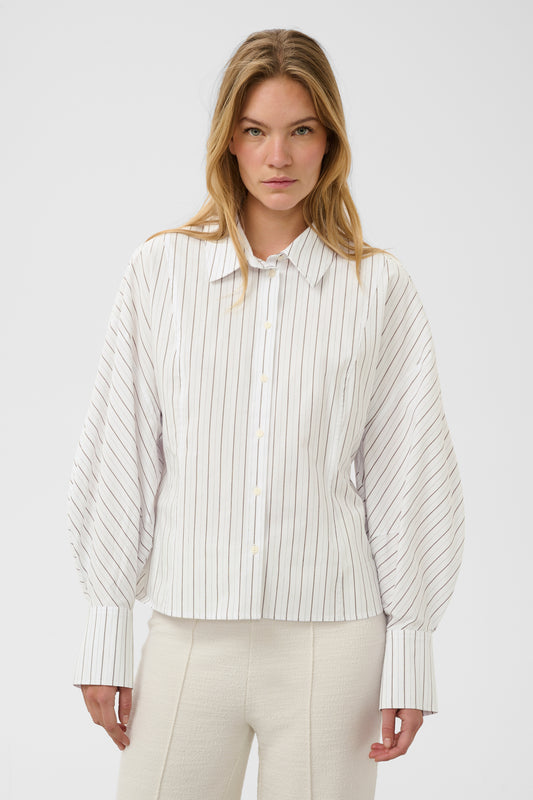 Soaked in Luxury Balloon sleeve white shirt with beige stripe
