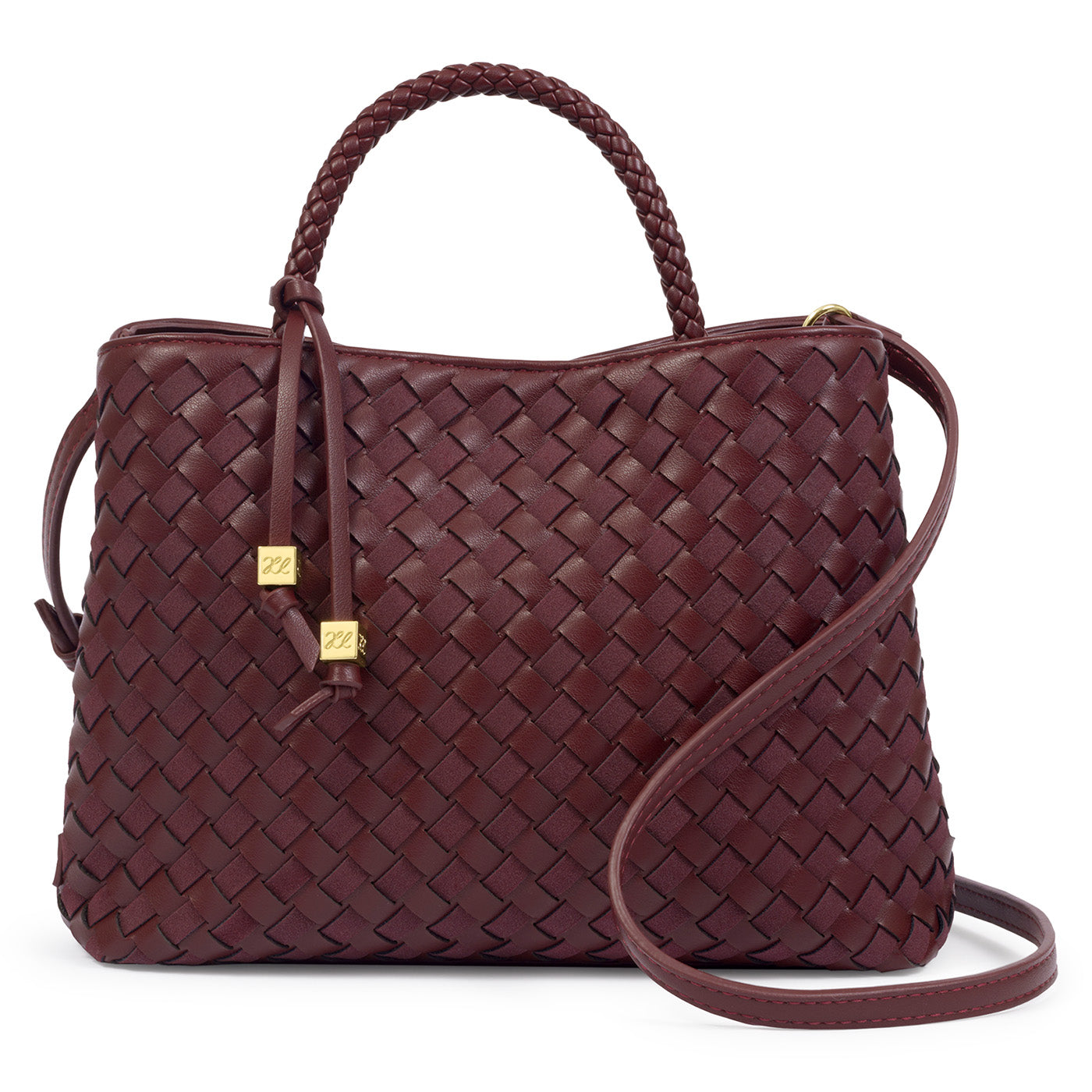 Katie Loxton Nova Olive woven handbag with a strap on a light gray background