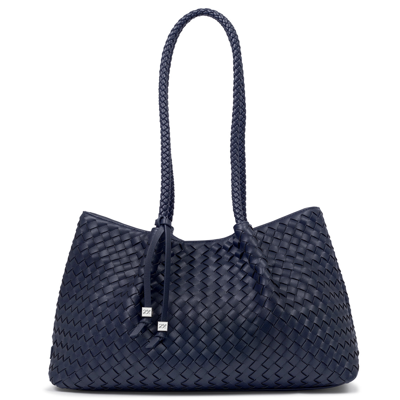 Katie Loxton Nova Navy blue woven handbag with a handle on a white background