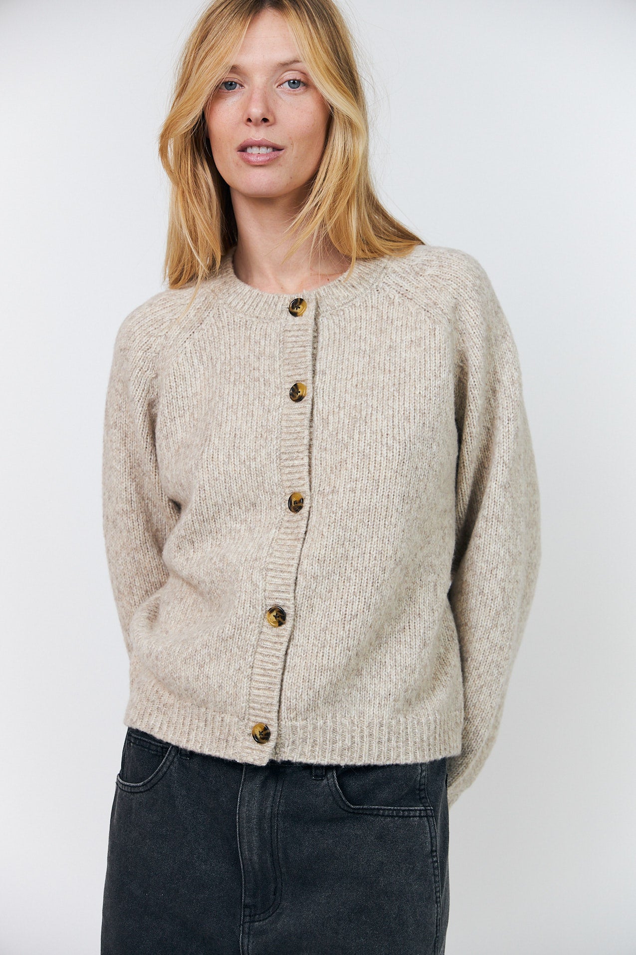 Lollys Laundry Nova Knit Cardigan in Creme with tortoiseshell buttons.