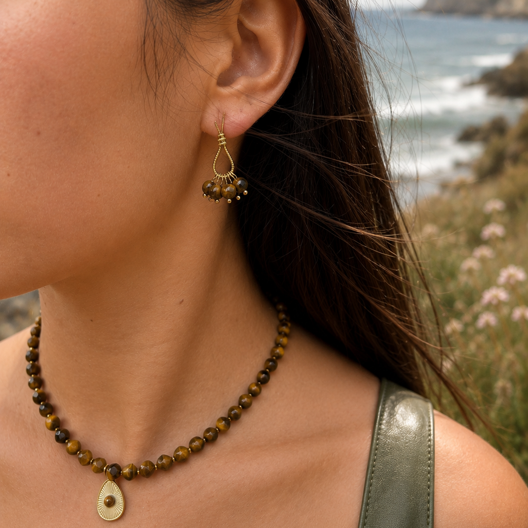 Ocean Ripples 14ct Gold Plated Tiger's Eye Cluster Earrings
