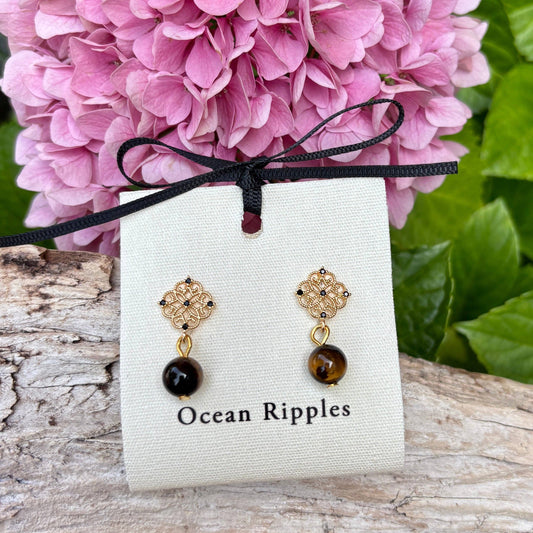 Ocean Ripples 14ct Gold Plated Tiger's Eye Drop Earrings