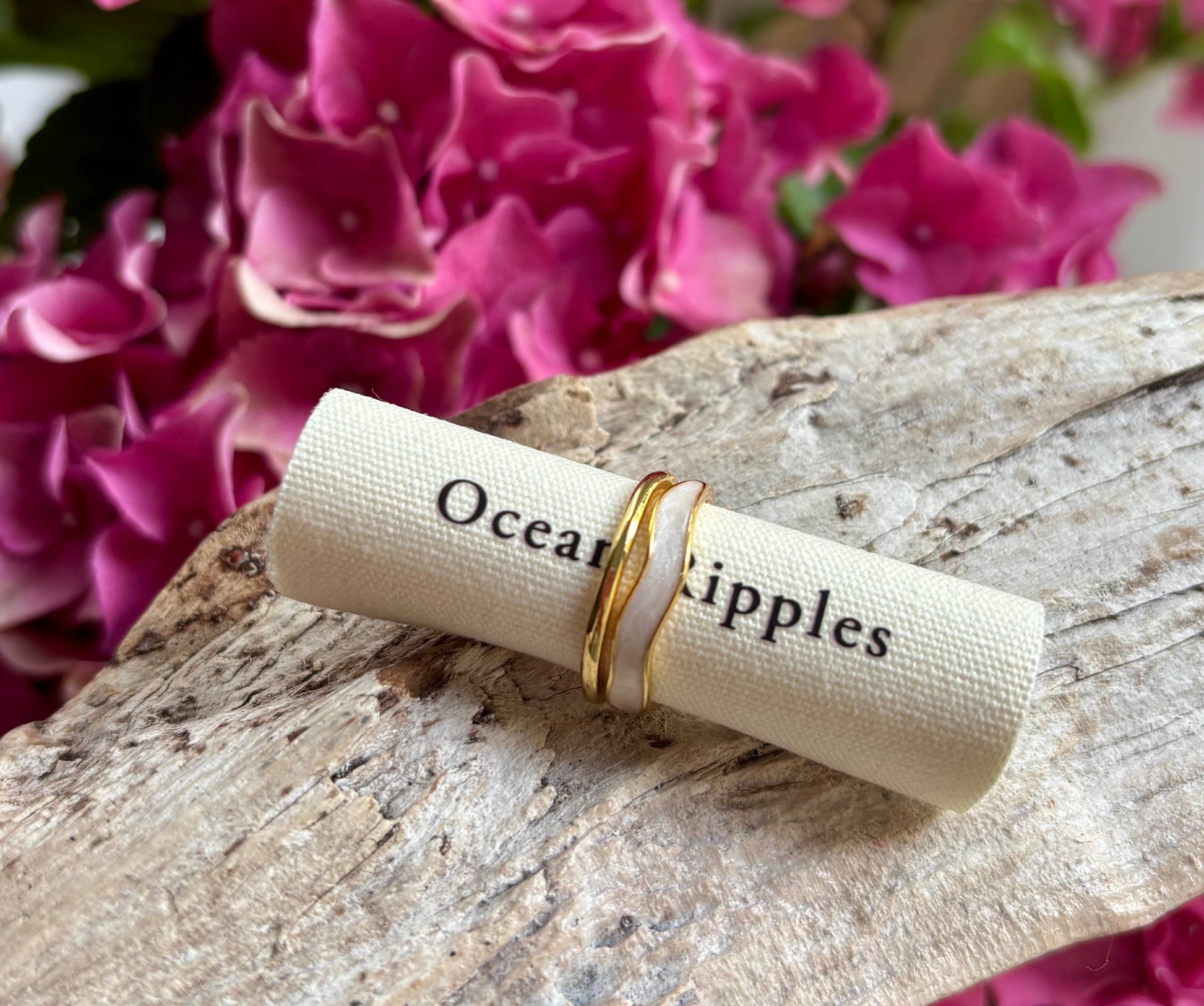 Ocean Ripples 14ct gold plated gold and ivory oil drip adjustable statement ring.