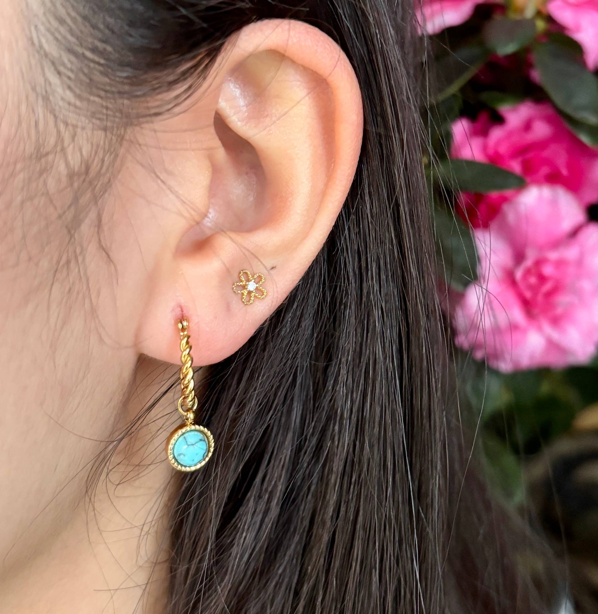18ct Gold Plated Turquoise Twisted Huggie Earrings - Default Title