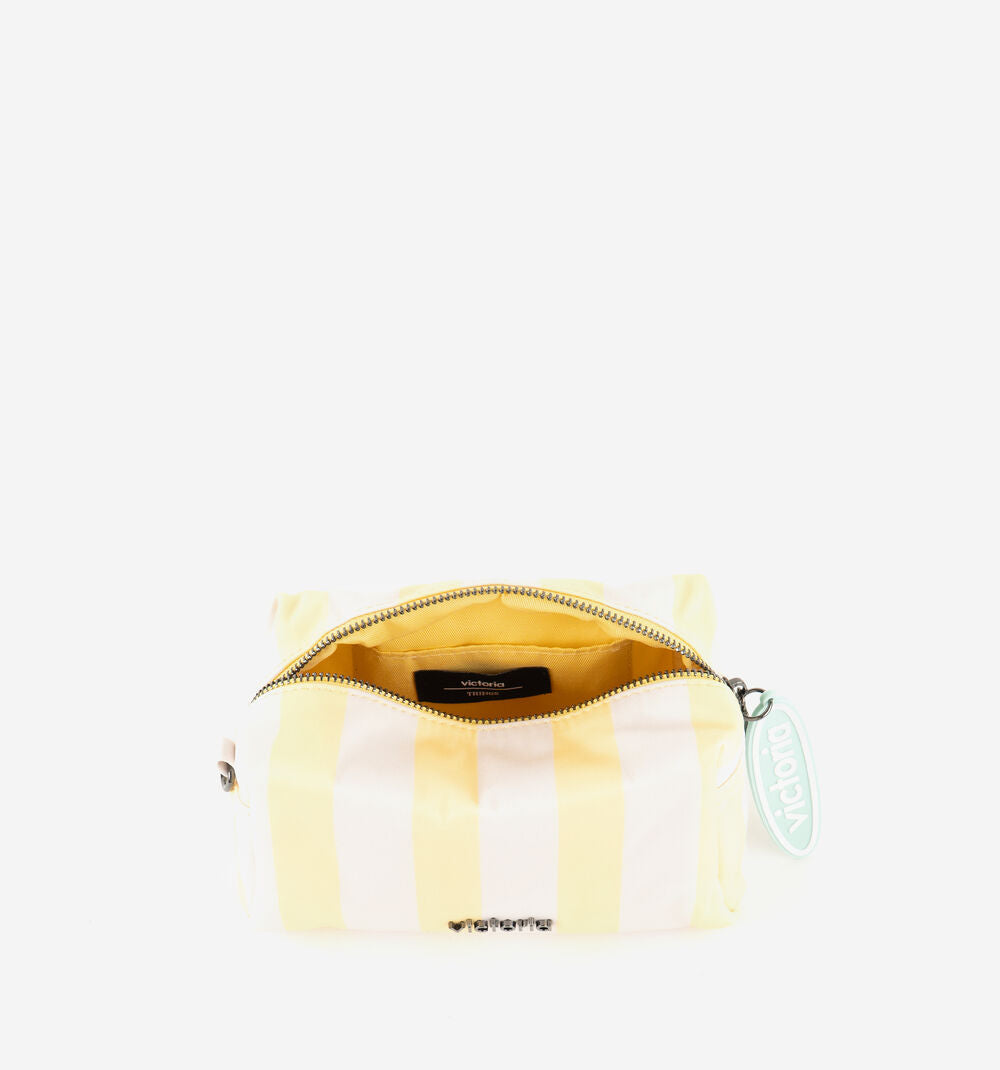 Victoria striped toiletry bag with zip fastening hanging charm and metallic brand plate in azul or amarillo