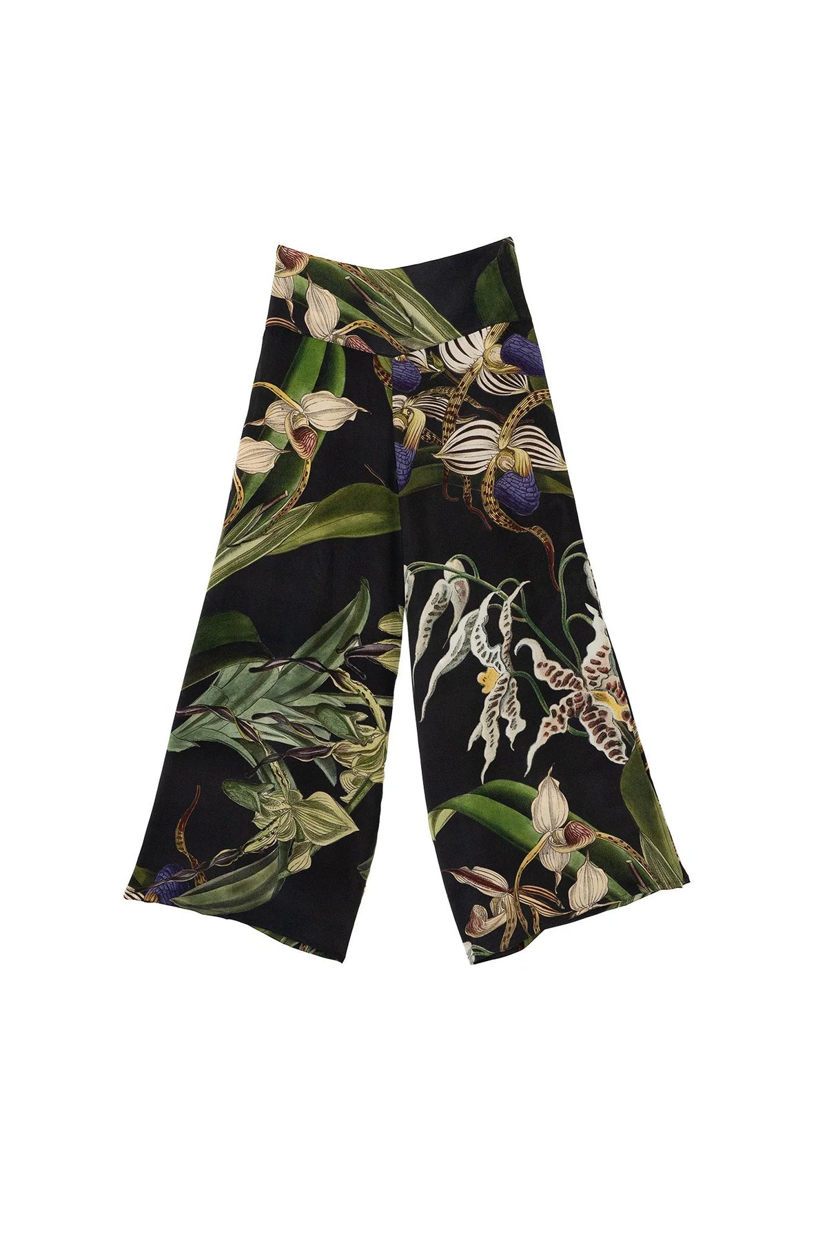 One Hundred Stars Orchid Black Crepe Palazzo Pants with botanical orchid print, black background and flowing wide-leg silhouette