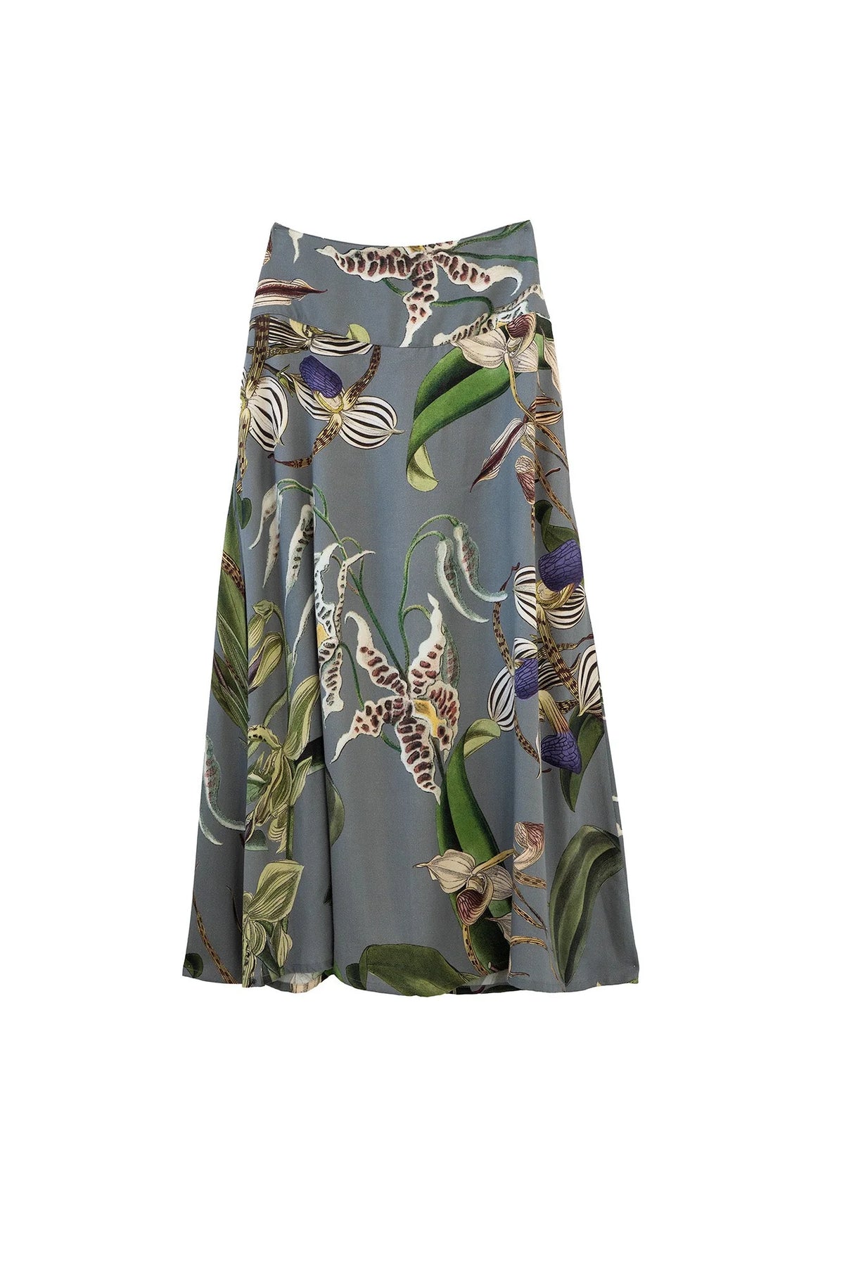 One Hundred Stars Orchid Grey A-Line Maxi Skirt featuring an elegant botanical orchid print in grey tones and a flowing maxi silhouette