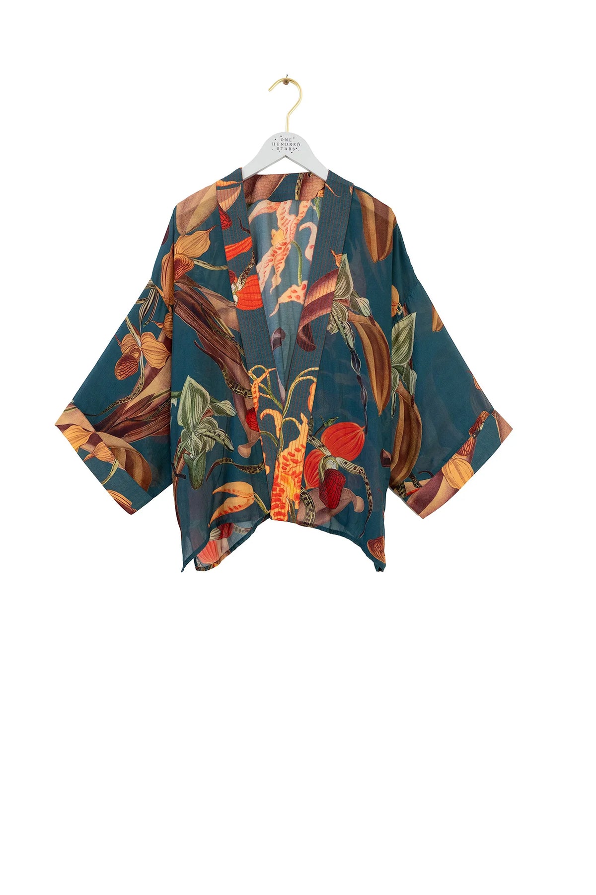 One Hundred Stars Orchid Teal Kimono featuring an elegant botanical orchid print in teal tones with a relaxed flowing silhouette