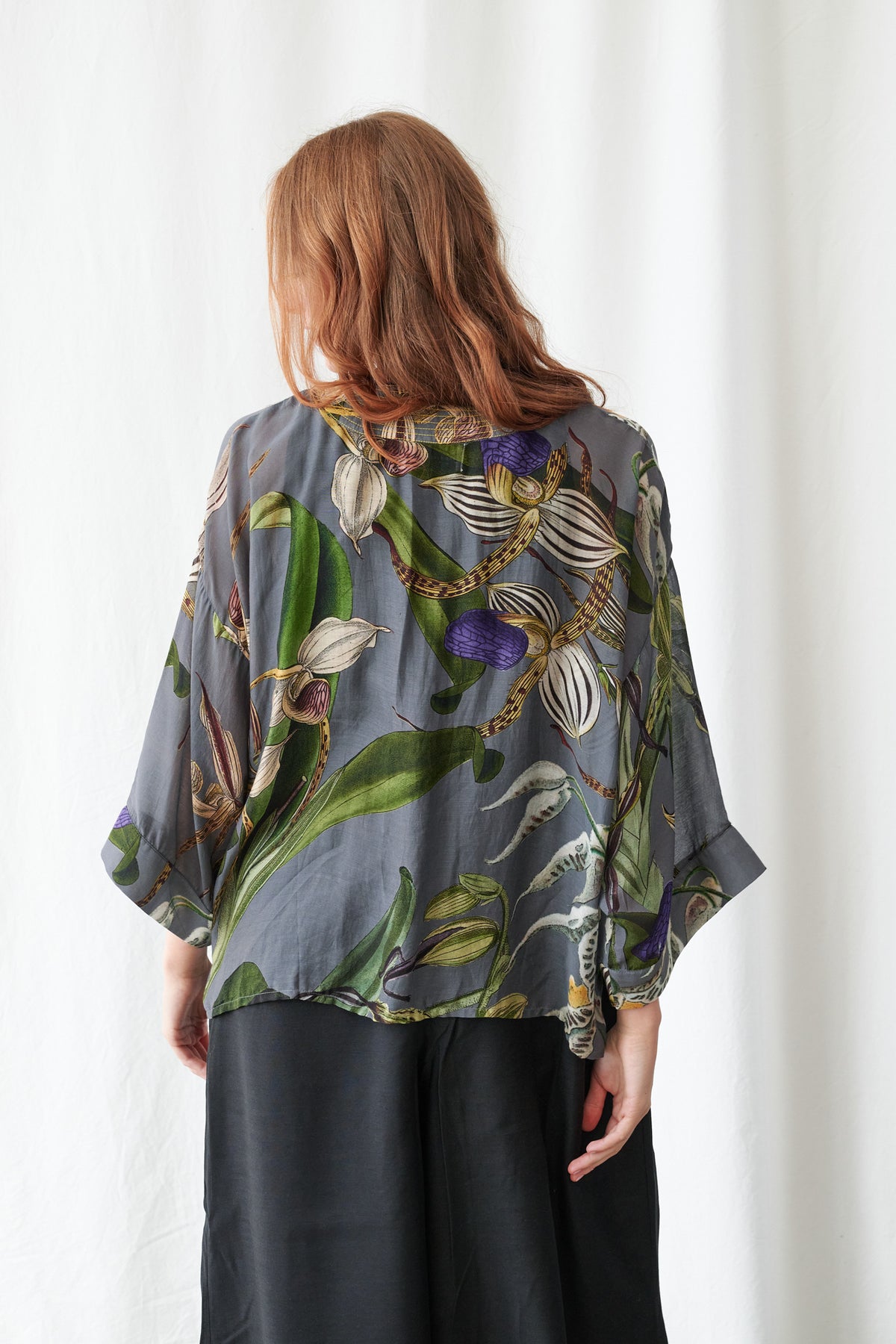 One Hundred Stars Orchid Grey Kimono with botanical orchid print