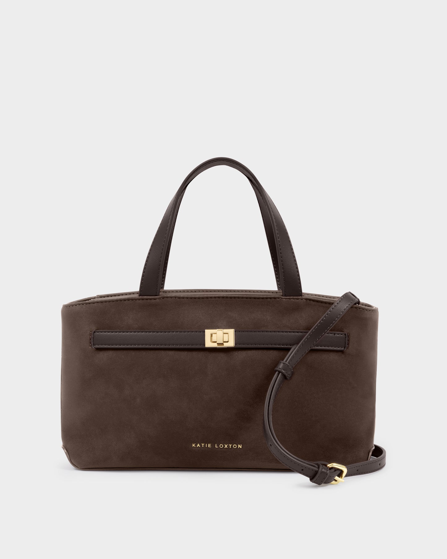 Katie Loxton Orin top handle crossbody bag in bitter chocolate with gold hardware and detachable crossbody strap.