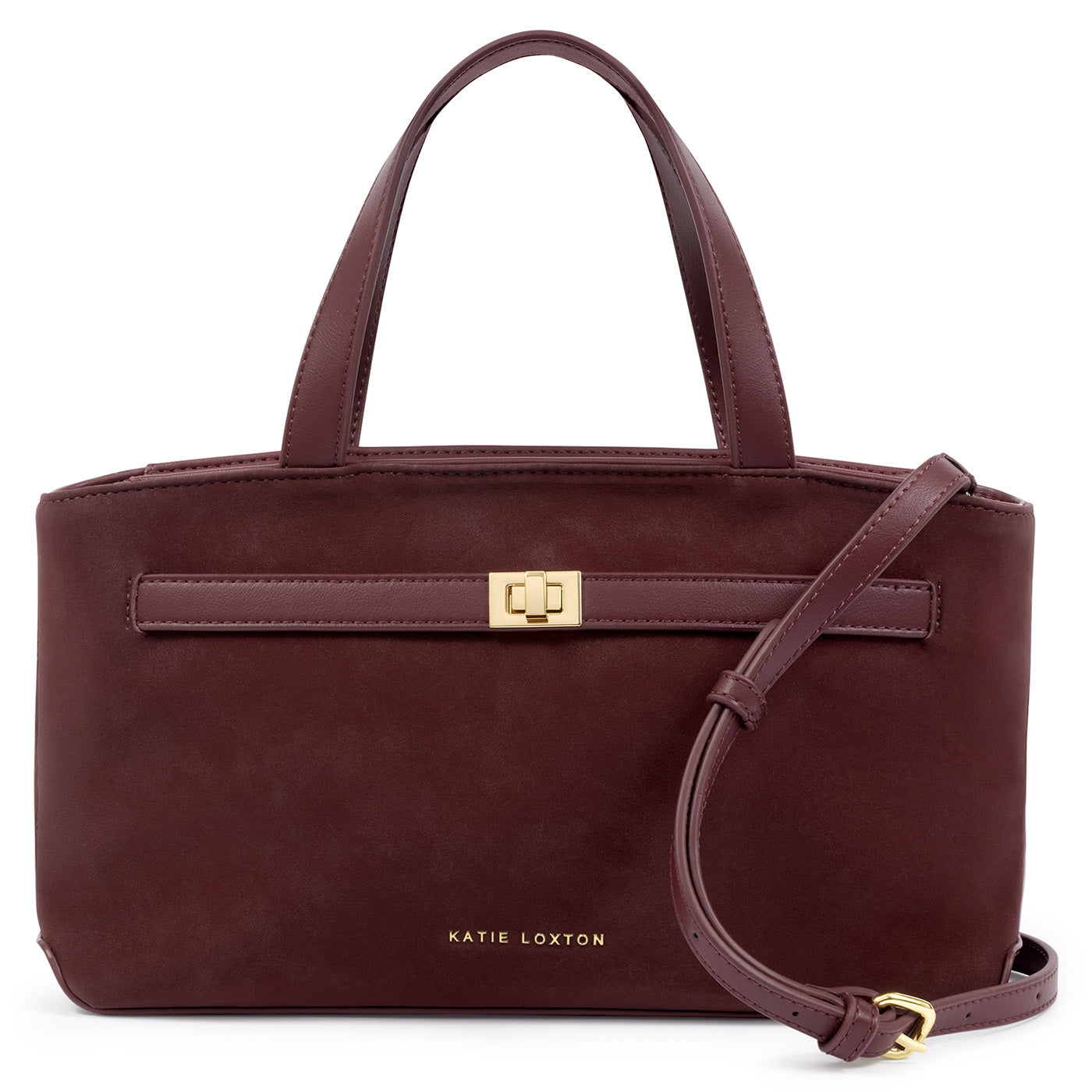Katie Loxton Orin top handle crossbody bag in cherry suedette with gold hardware and detachable crossbody strap.