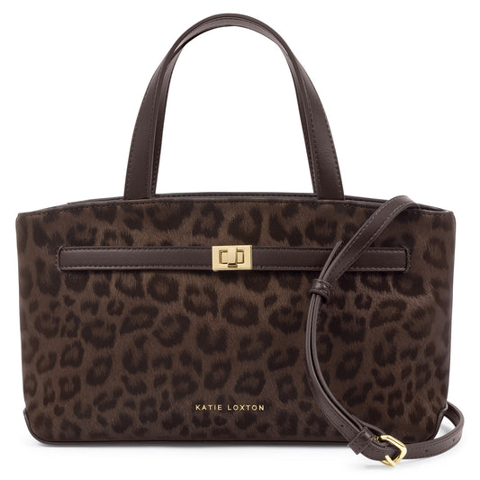 Katie Loxton Orin top handle crossbody bag in chocolate leopard with structured silhouette, gold hardware and detachable crossbody strap.