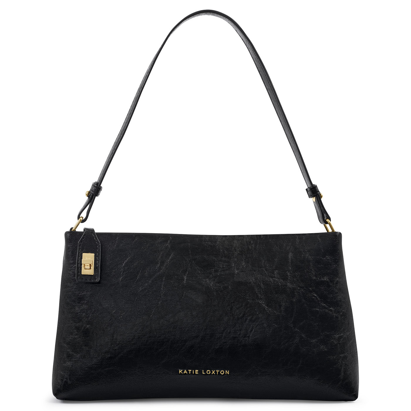 Katie Loxton Orin Twist Lock Small Shoulder Bag in Black Distressed with a textured finish and elegant twist lock fastening.