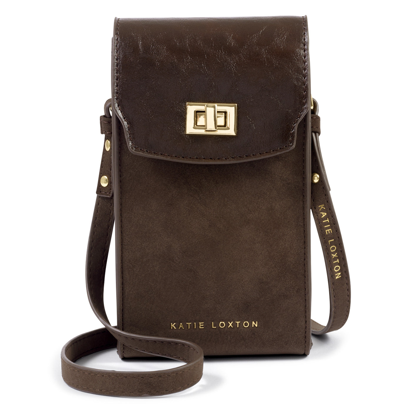 Katie Loxton Orin Twist Lock Slim Bag in bitter chocolate with gold twist lock fastening and adjustable crossbody strap.