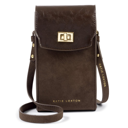 Katie Loxton Orin Twist Lock Slim Bag in bitter chocolate with gold twist lock fastening and adjustable crossbody strap.