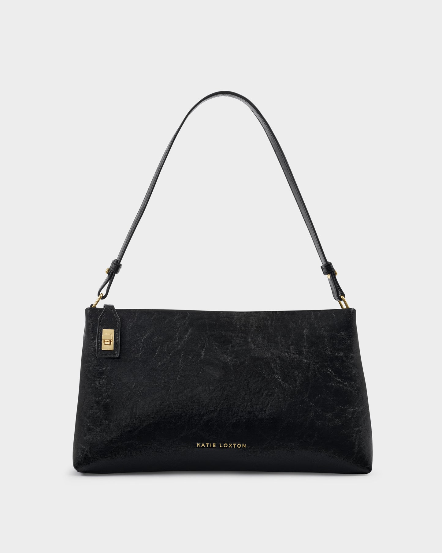 Katie Loxton Orin Twist Lock Small Shoulder Bag in Black Distressed with a textured finish and elegant twist lock fastening.