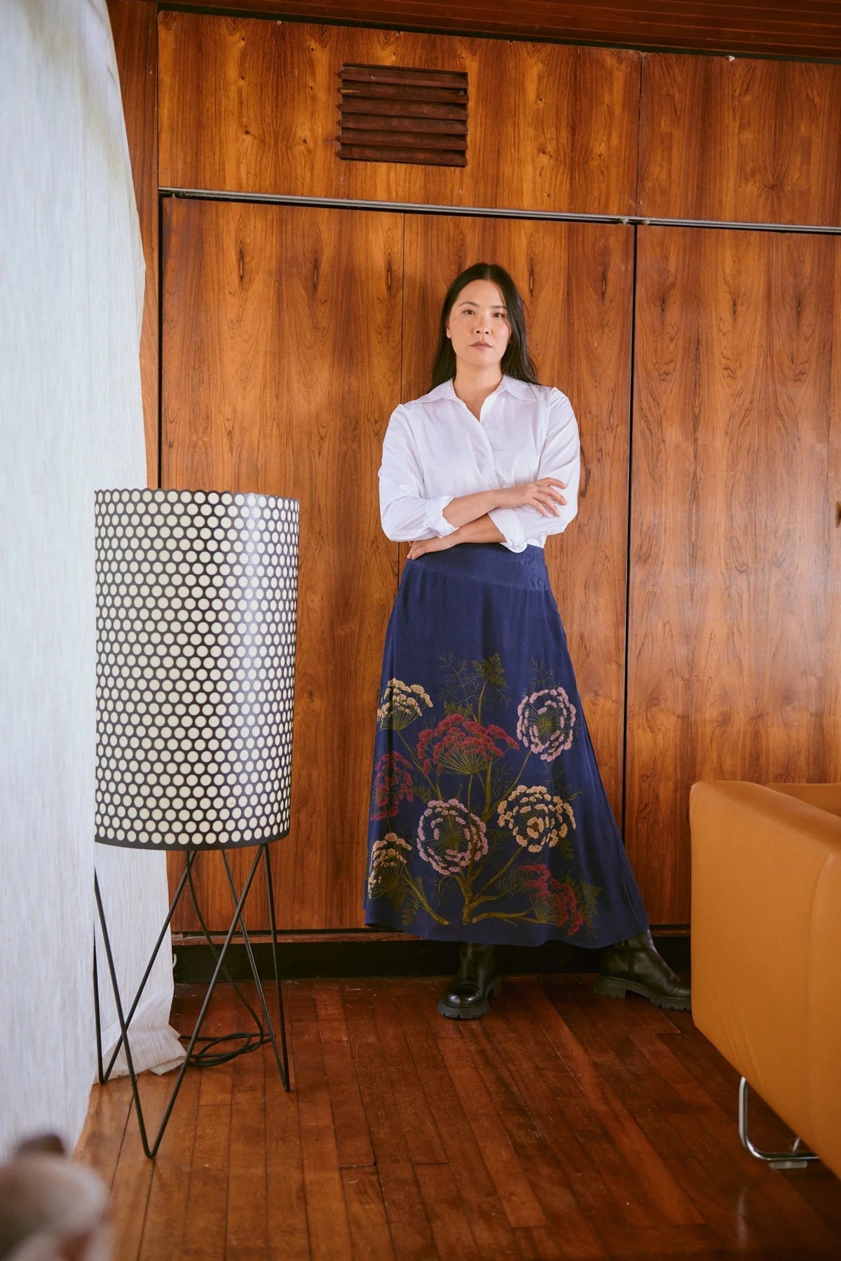 One Hundred Stars Parsley Seed Navy A-Line Maxi Skirt with botanical print