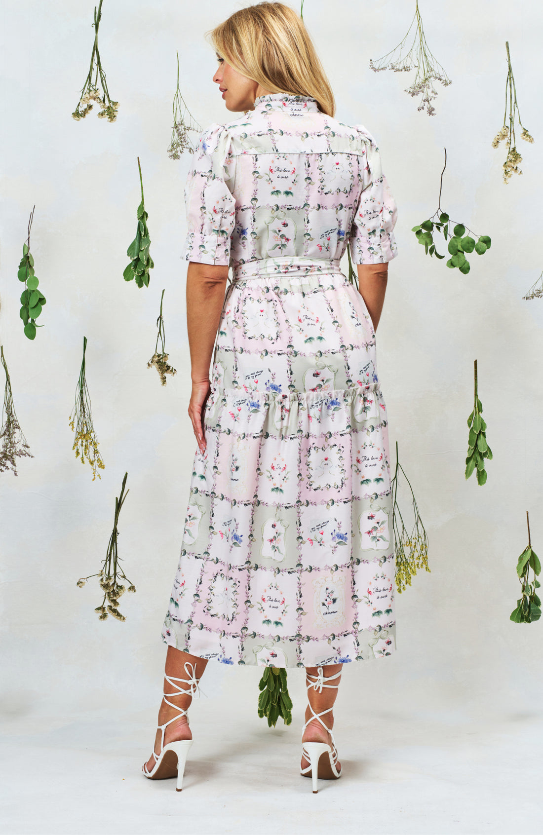 Hope & Ivy Pamela Button Front Midi Dress ivory multi print