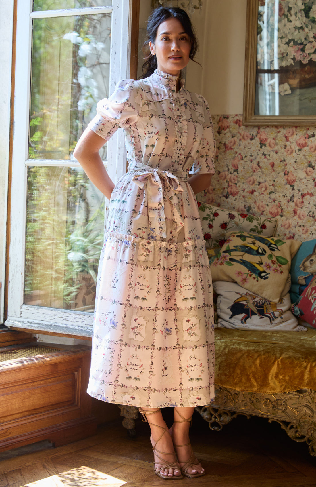 Hope & Ivy Pamela Button Front Midi Dress ivory multi print