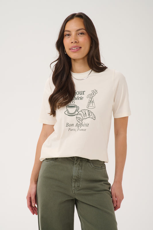 Saint Tropez Tachell cream graphic T-shirt with green Paris print