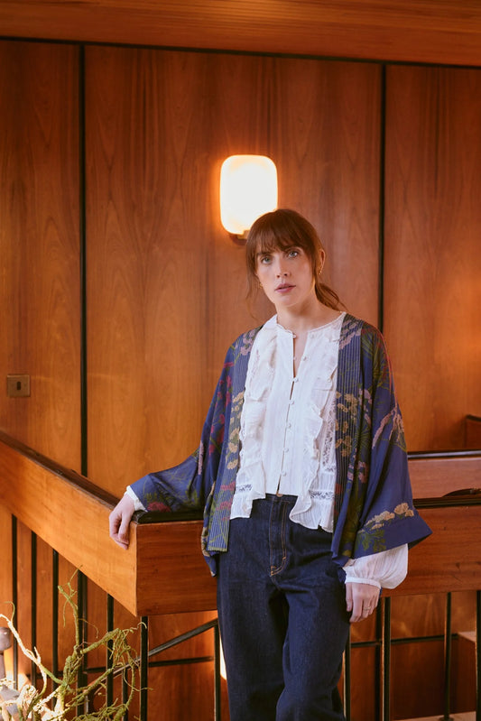 One Hundred Stars Parsley Seed Navy Kimono
