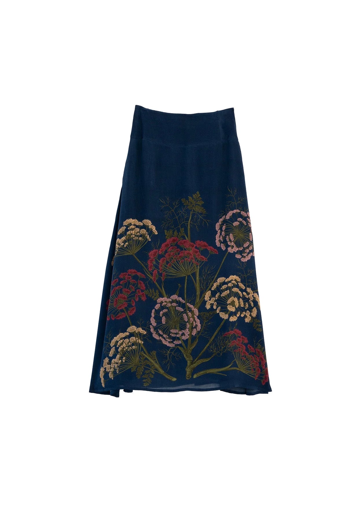 One Hundred Stars Parsley Seed Navy A-Line Maxi Skirt with botanical print