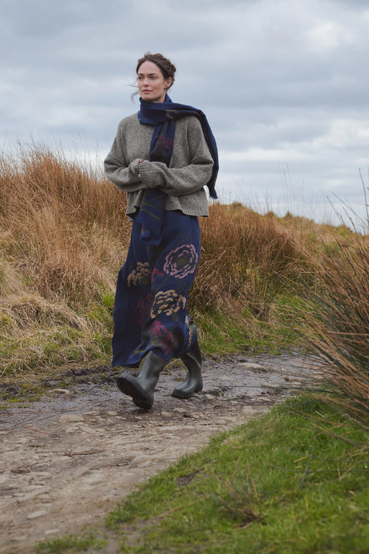 One Hundred Stars Parsley Seed Navy A-Line Maxi Skirt with botanical print