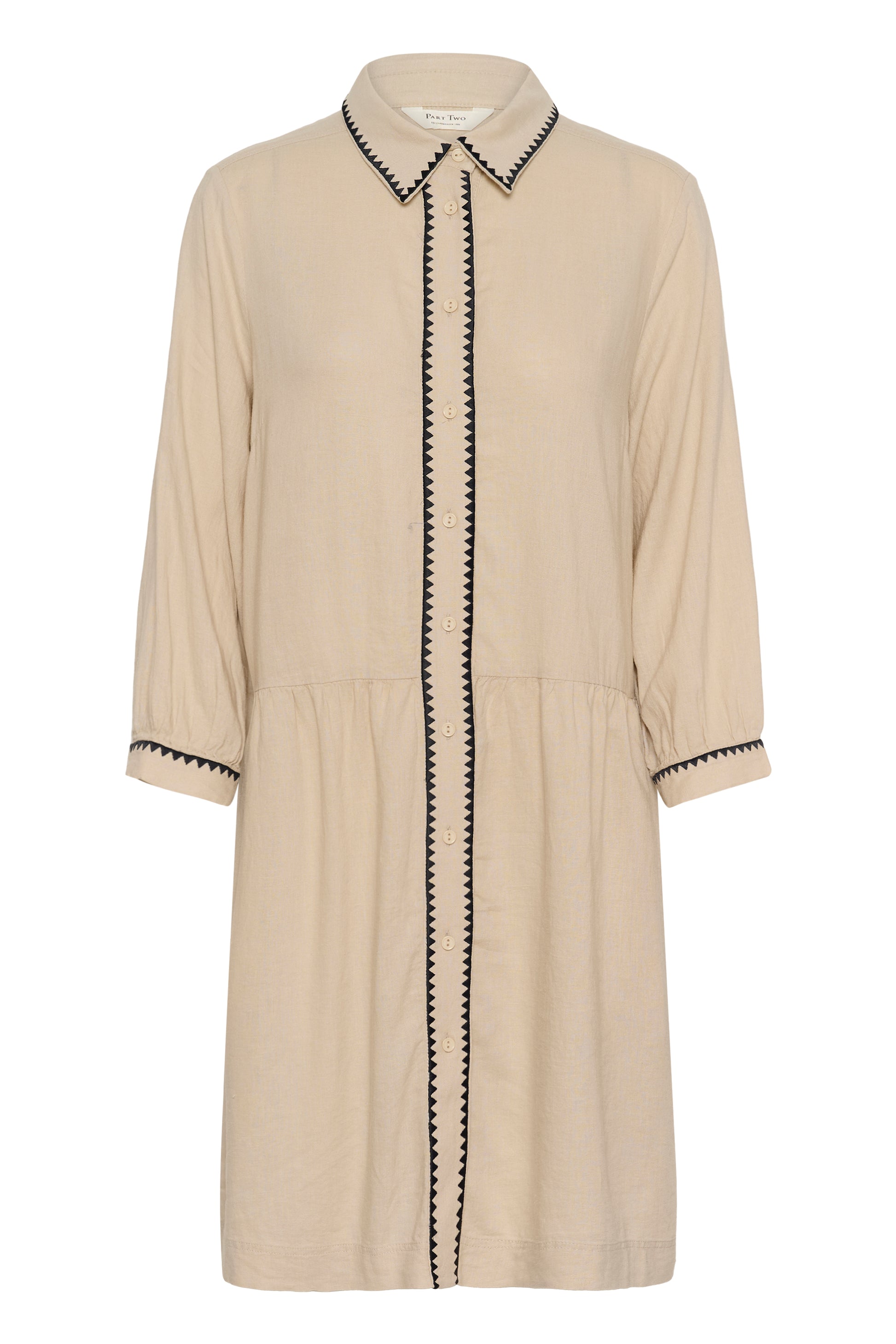 Part Two Alivia Linen Beige dress with black trim on a white background