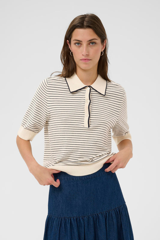 Woman wearing the Part Two Anetti white and blue striped short sleeve knit