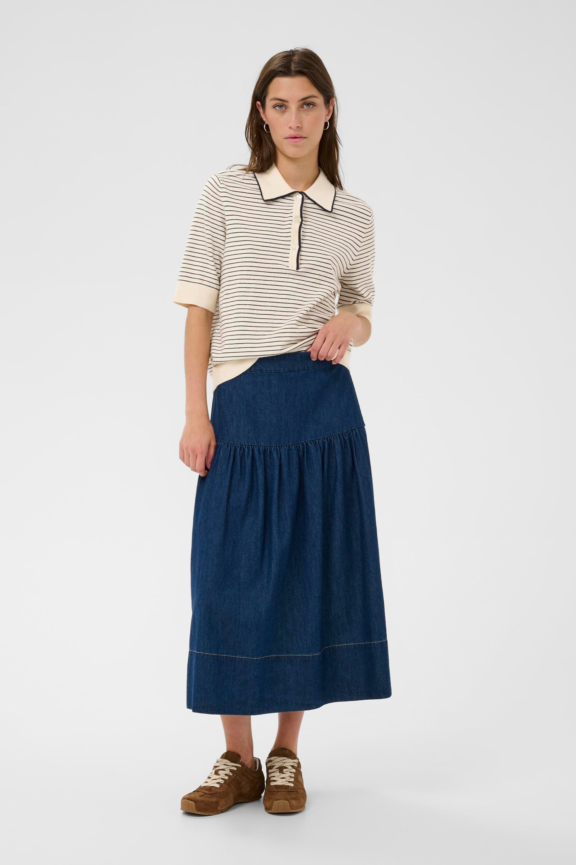 Woman wearing the Part Two Anetti white and blue striped short sleeve knit