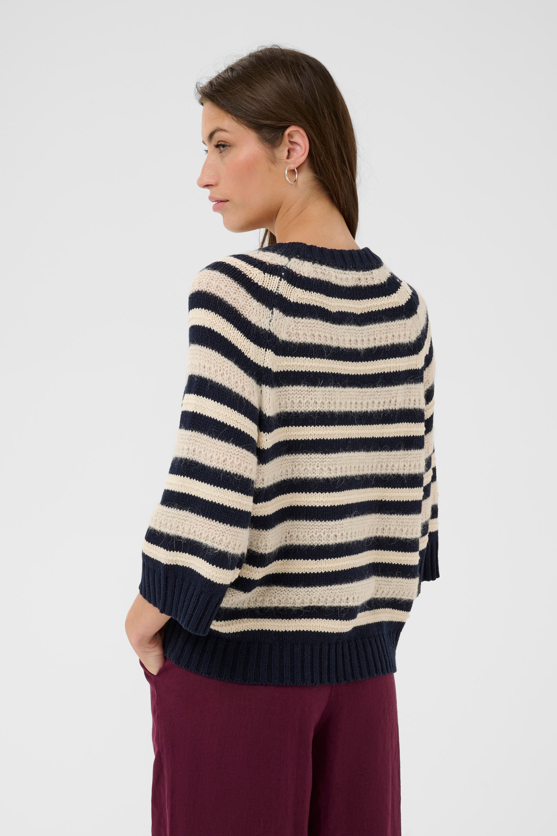 Woman wearing the Part Two Anny Short Sleeved Jumper in cream with blue stripes