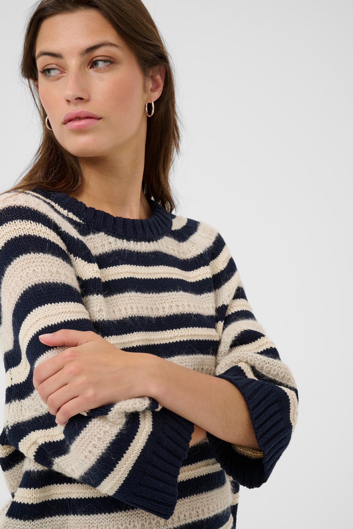 Woman wearing the Part Two Anny Short Sleeved Jumper in cream with blue stripes