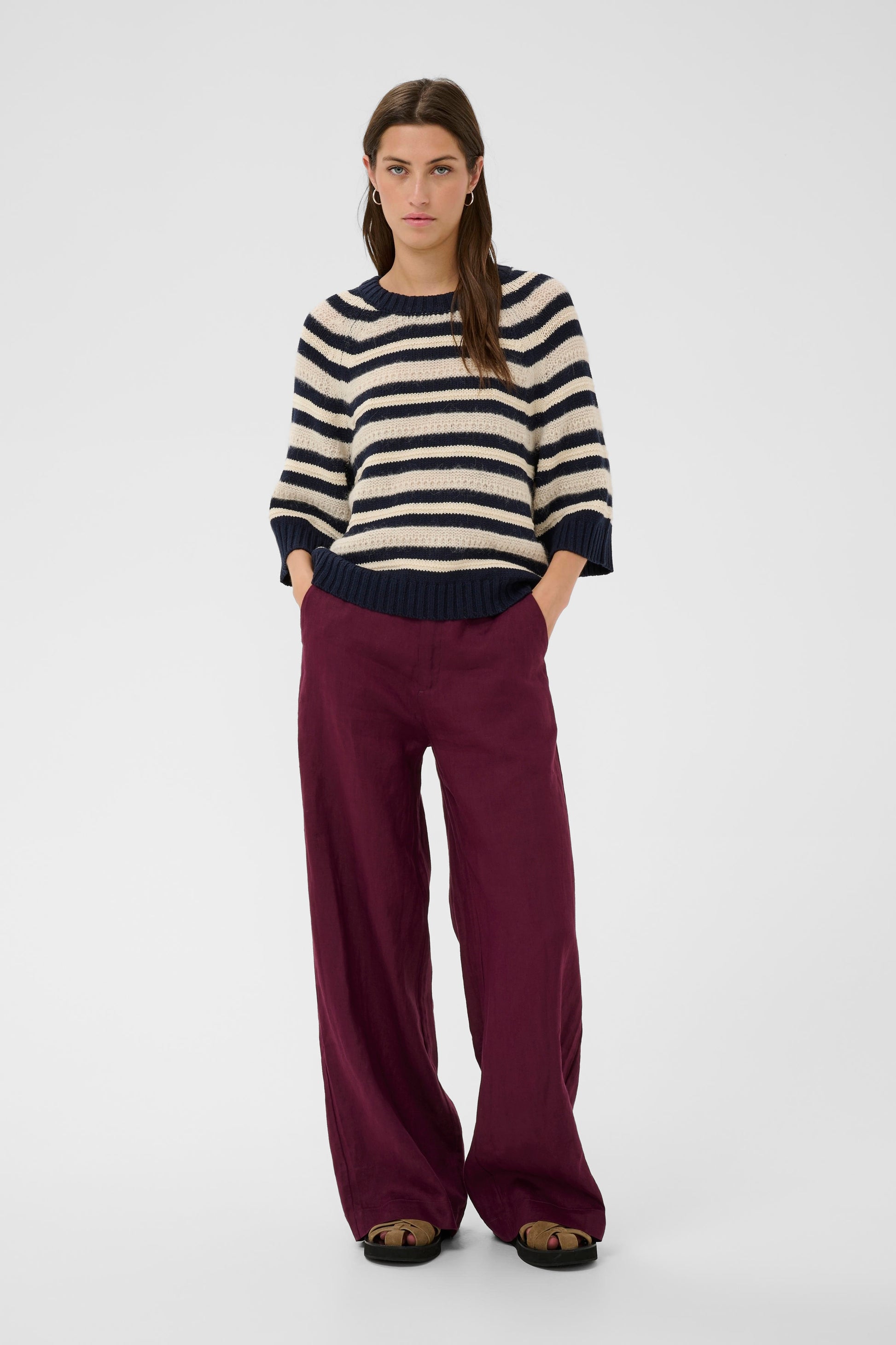 Woman wearing the Part Two Anny Short Sleeved Jumper in cream with blue stripes