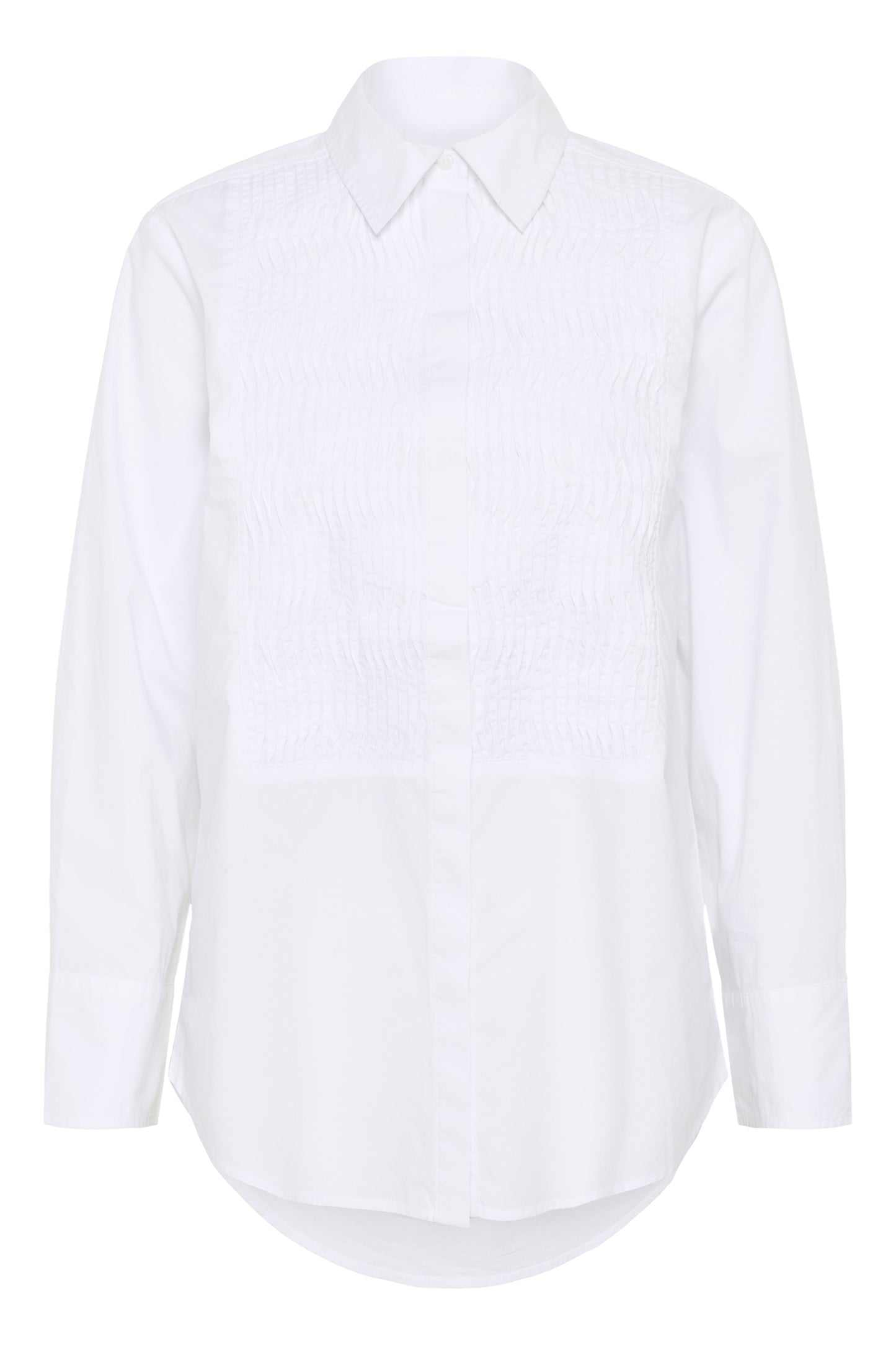 
A white shirt with a ruffle pattern at the front on a plain white background