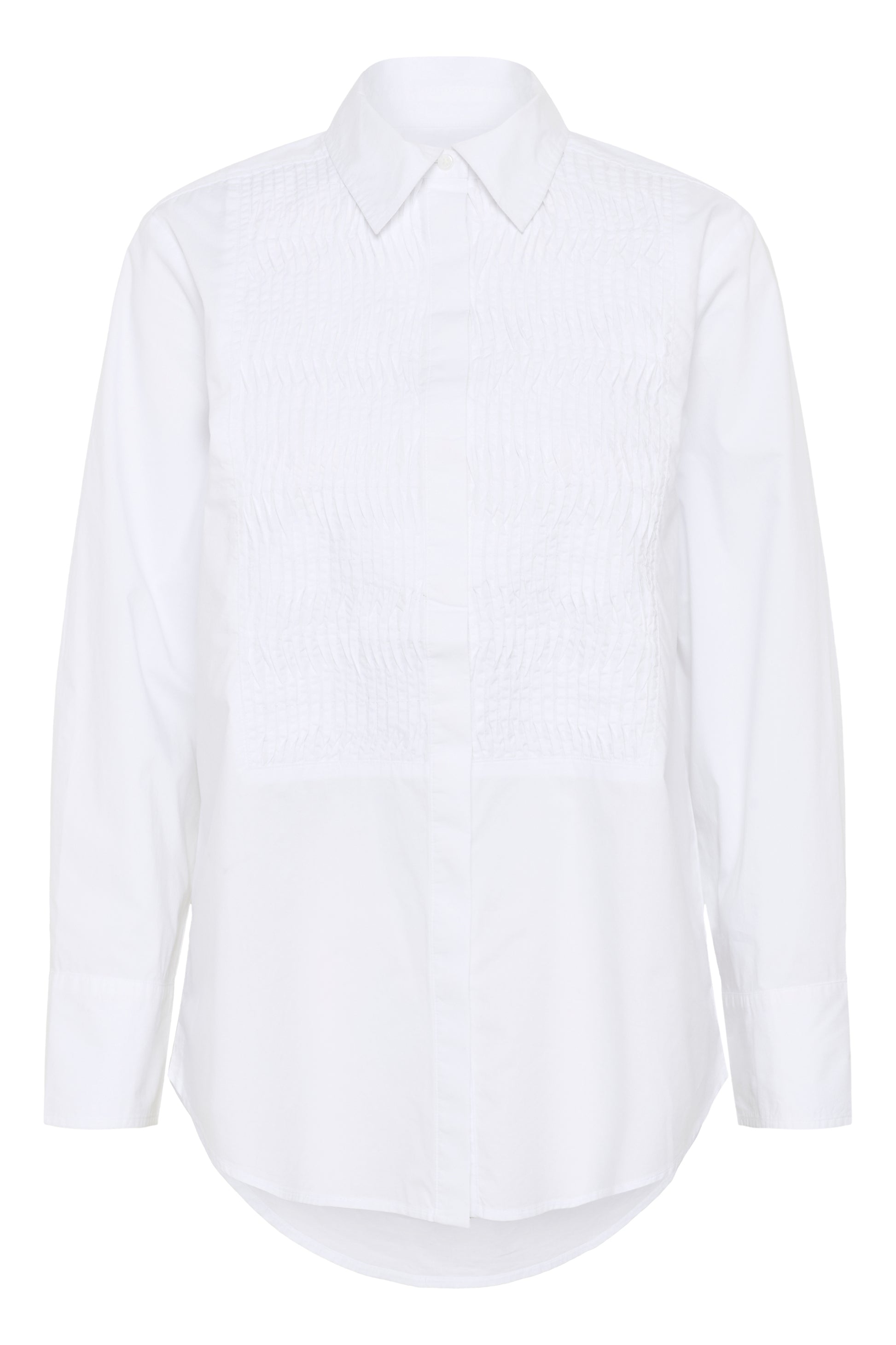 
A white shirt with a ruffle pattern at the front on a plain white background