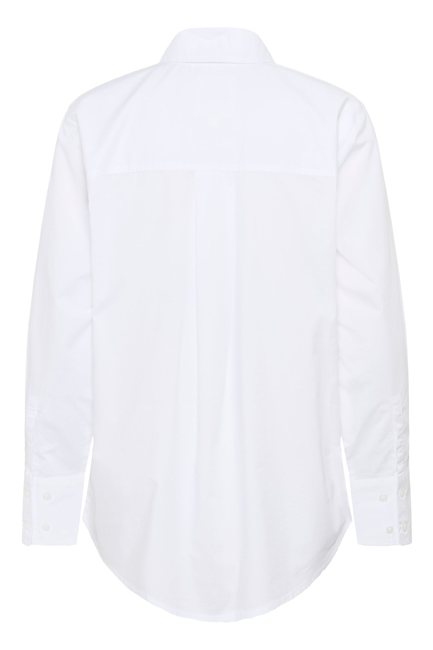 
A white shirt with a ruffle pattern at the front on a plain white background  The view is of the back of the shirt