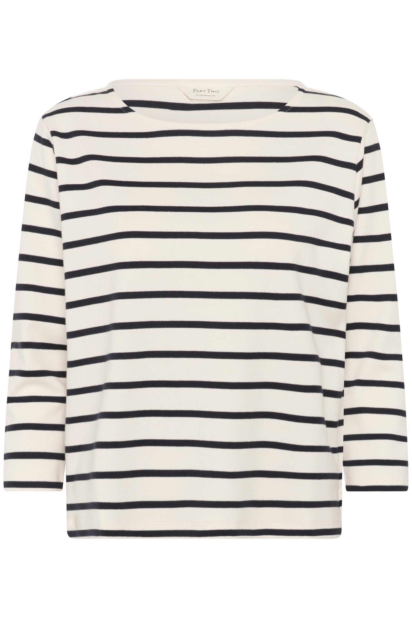 Part Two White 3/4 sleeve white top with dark navy stripes on a white background