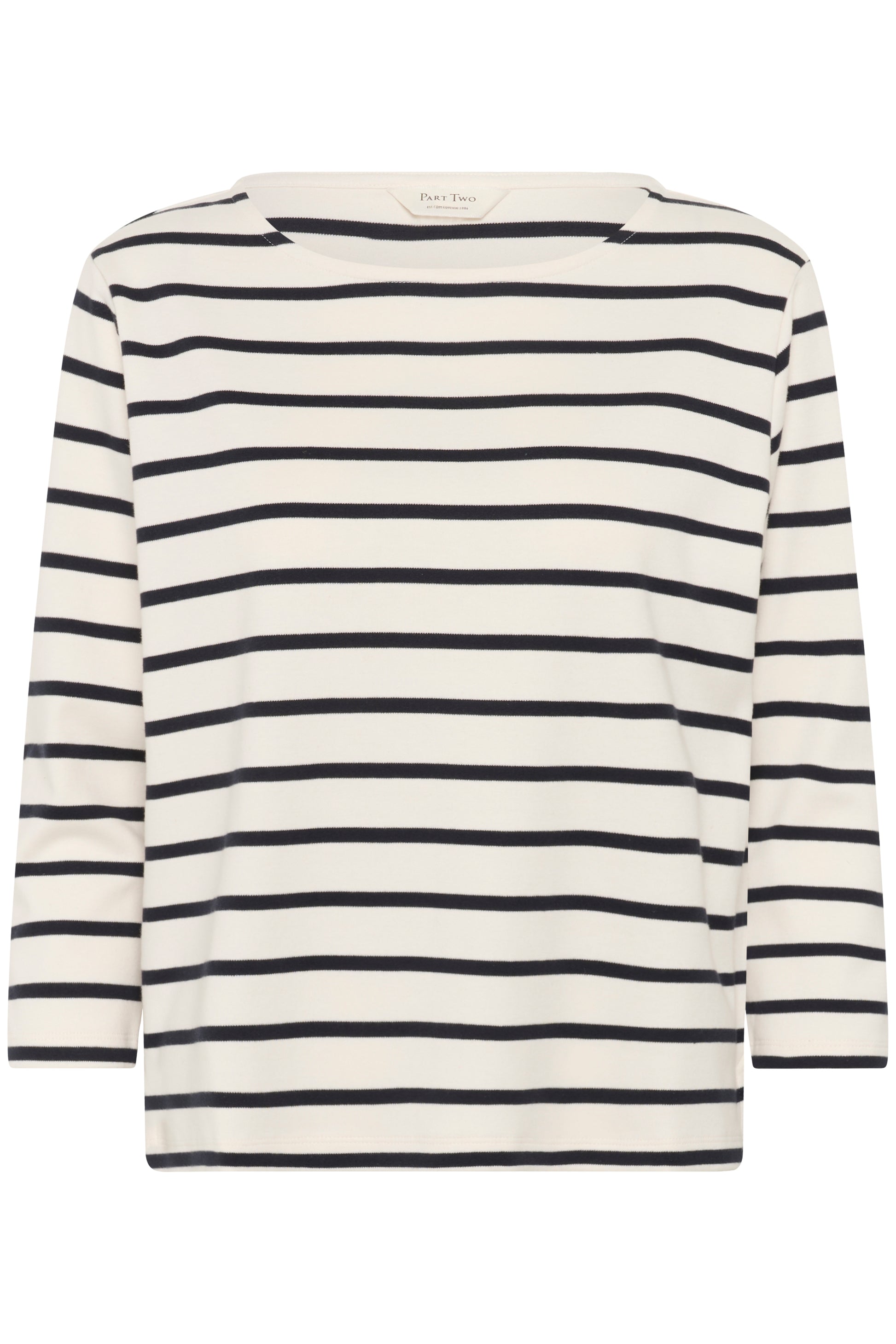 Part Two White 3/4 sleeve white top with dark navy stripes on a white background