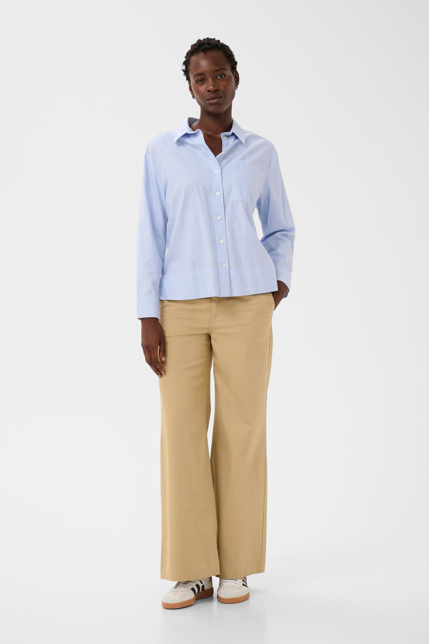 Part Two Nenee Blouse in Heather Chambre colour.  Button through at front and collar