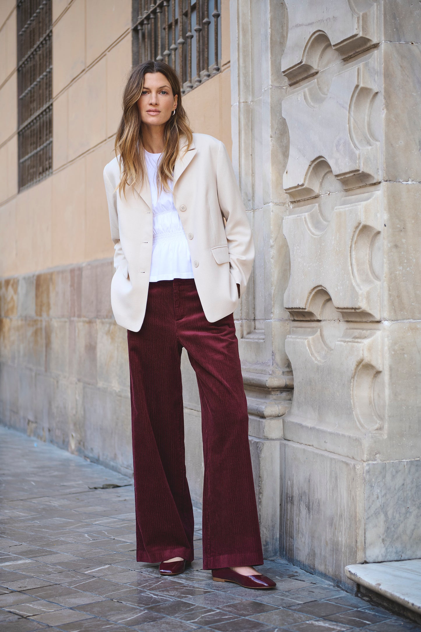 Part Two Tawny Port Cord trousers worn by a woman