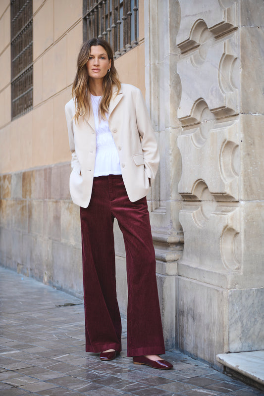 Part Two Tawny Port Cord trousers worn by a woman