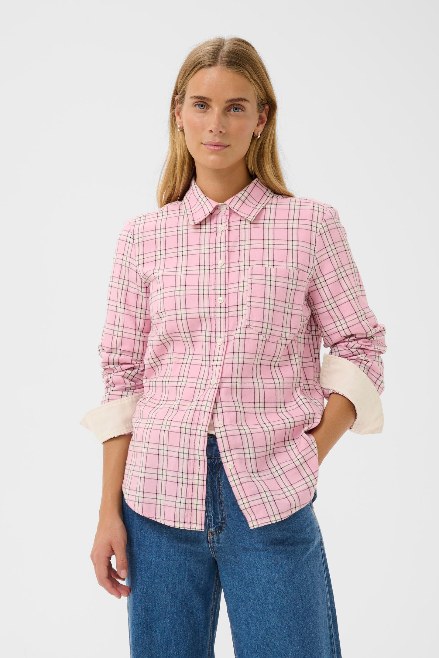 Woman wearing the Part Two Yana Pink Check shirt. 