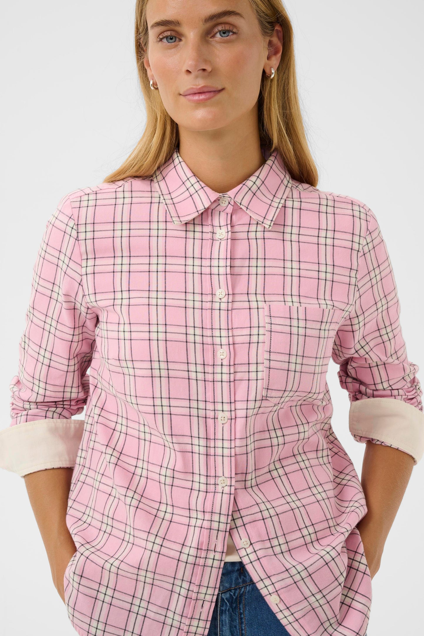 Woman wearing the Part Two Yana Pink Check shirt. 