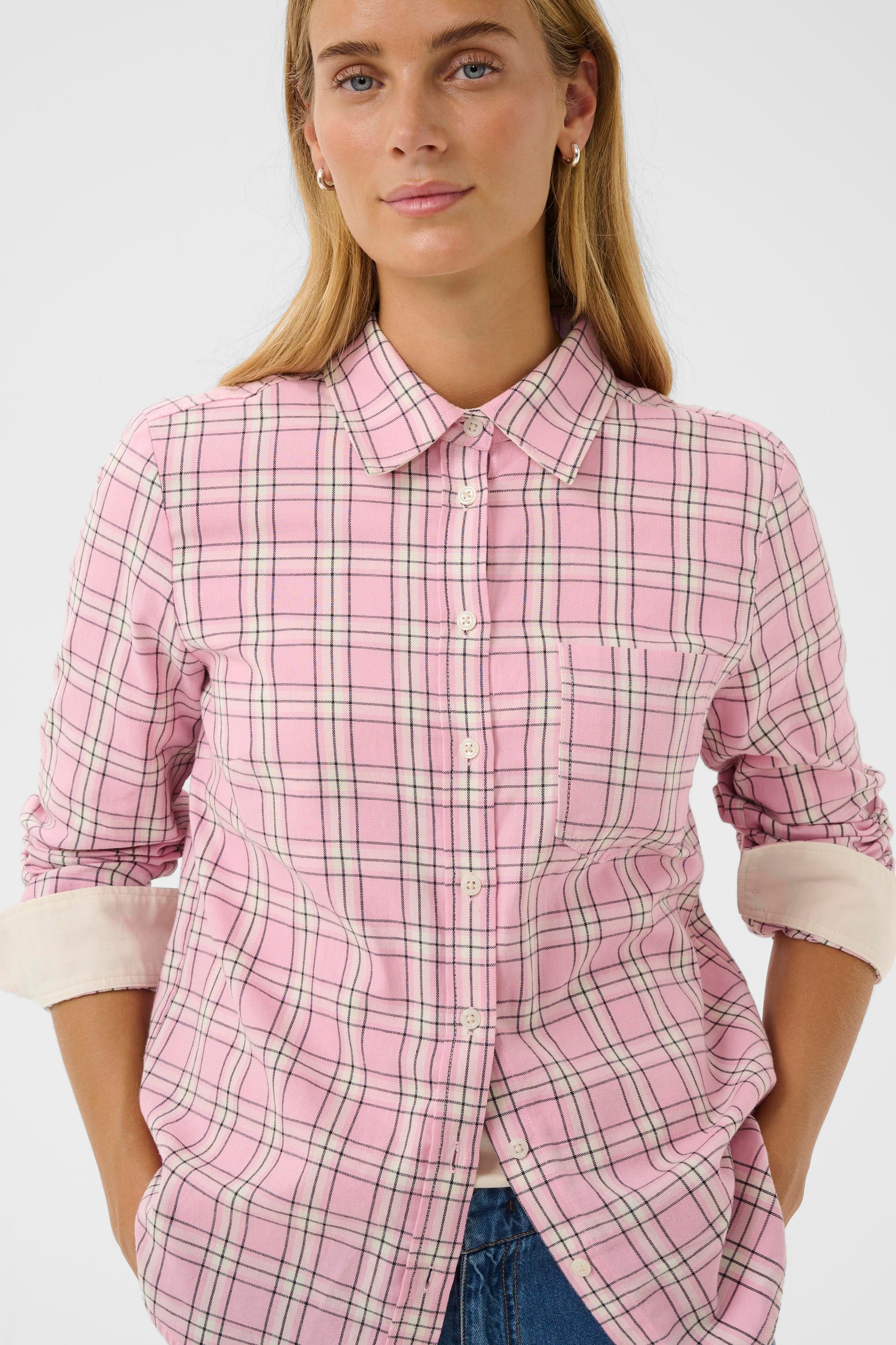Woman wearing the Part Two Yana Pink Check shirt. 