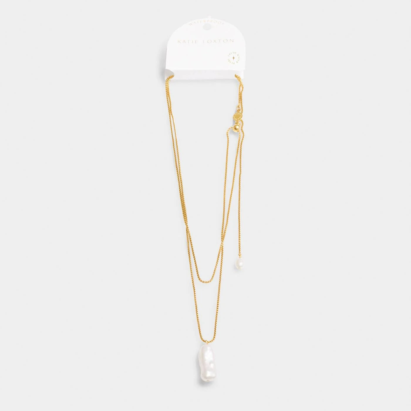 Katie Loxton Pearl Lustre Waterproof Gold Lariat Necklace featuring real freshwater pearls